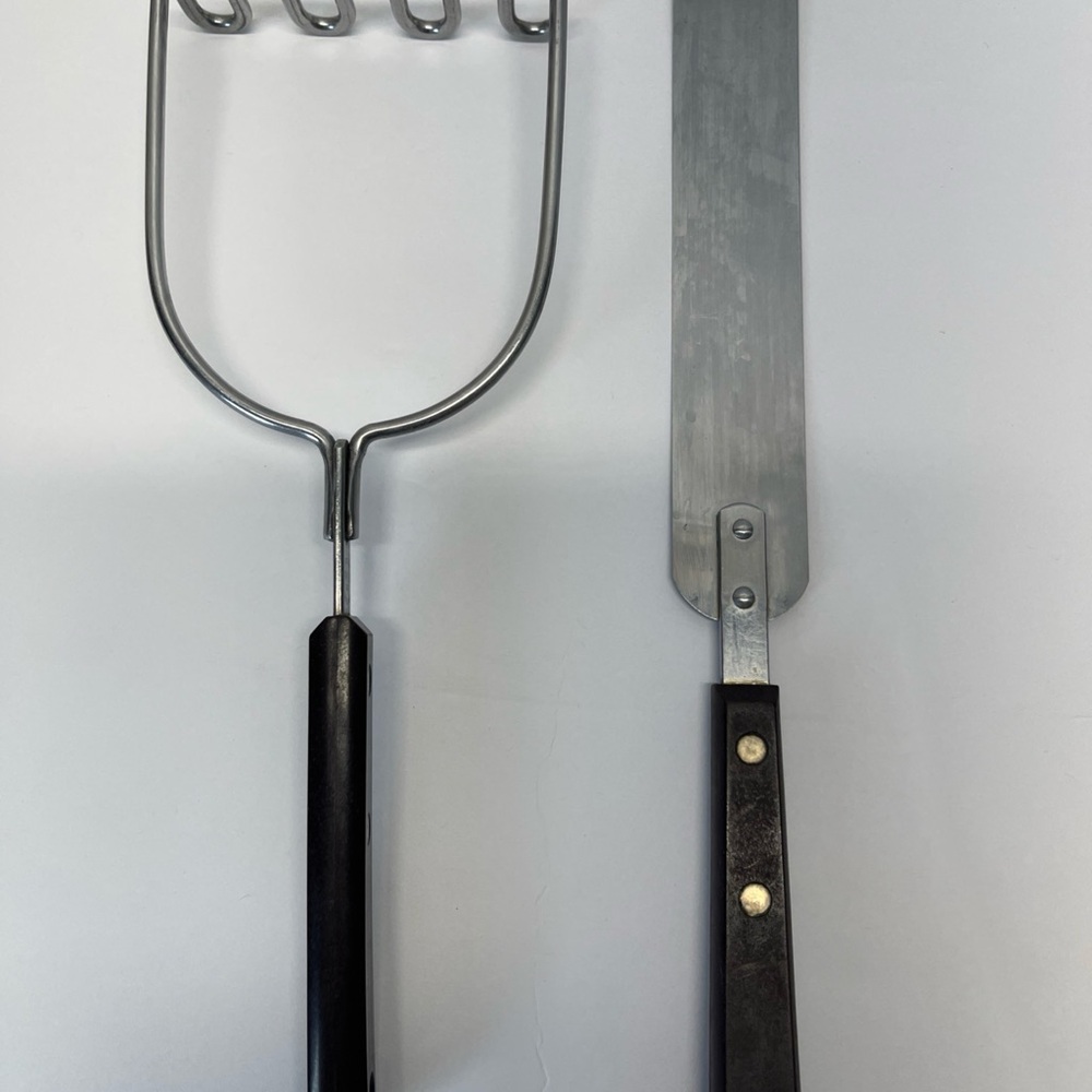 Vintage Ekco Potato & Spatula Stainless Steel Riveted Faux Wood Handle USA